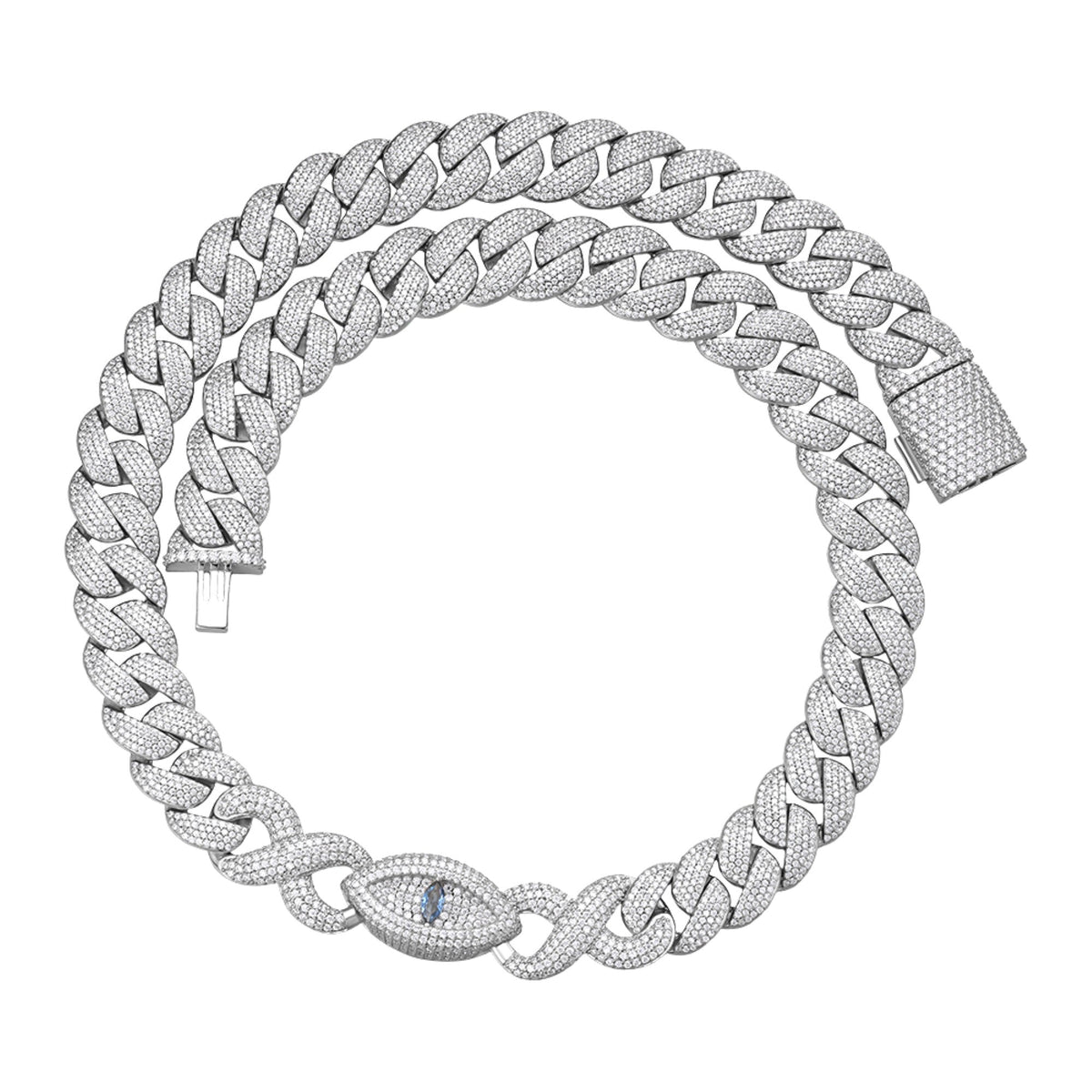 Sterling Silver Round Moissanite 15mm Inifinity Cuban With Evil Eye Designer 22 Inch Mens Necklace RP 27-1/8 Cttw