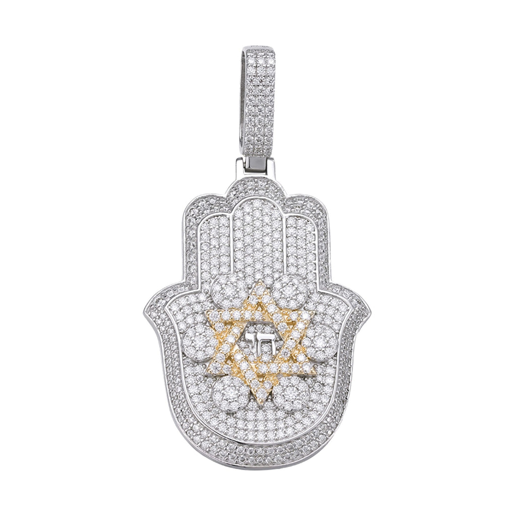 Sterling Silver Round Moissanite Hamza Hand Religious Pendant RP+GP 3-5/8 Cttw