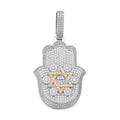 Sterling Silver Round Moissanite Hamza Hand Religious Pendant RP+GP 3-5/8 Cttw