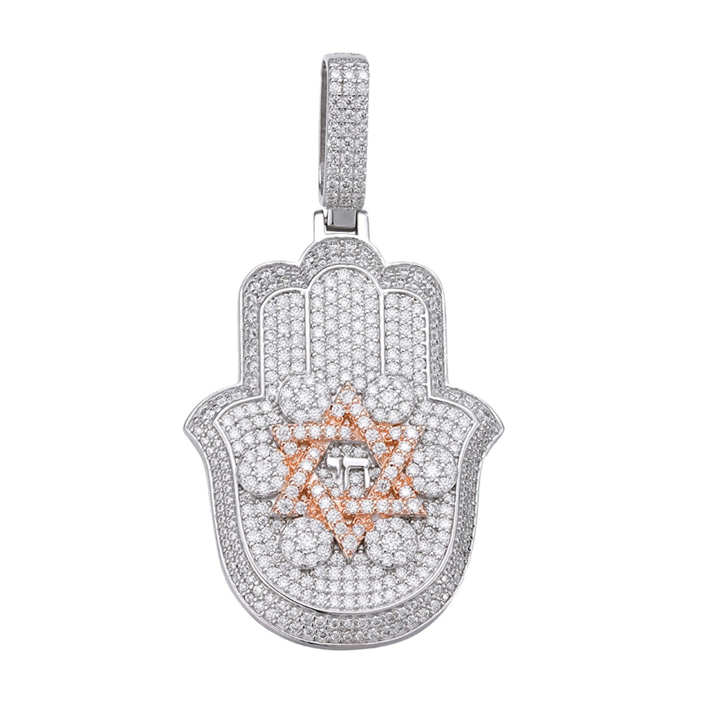 Sterling Silver Round Moissanite Hamza Hand Religious Pendant RP+PP 3-5/8 Cttw
