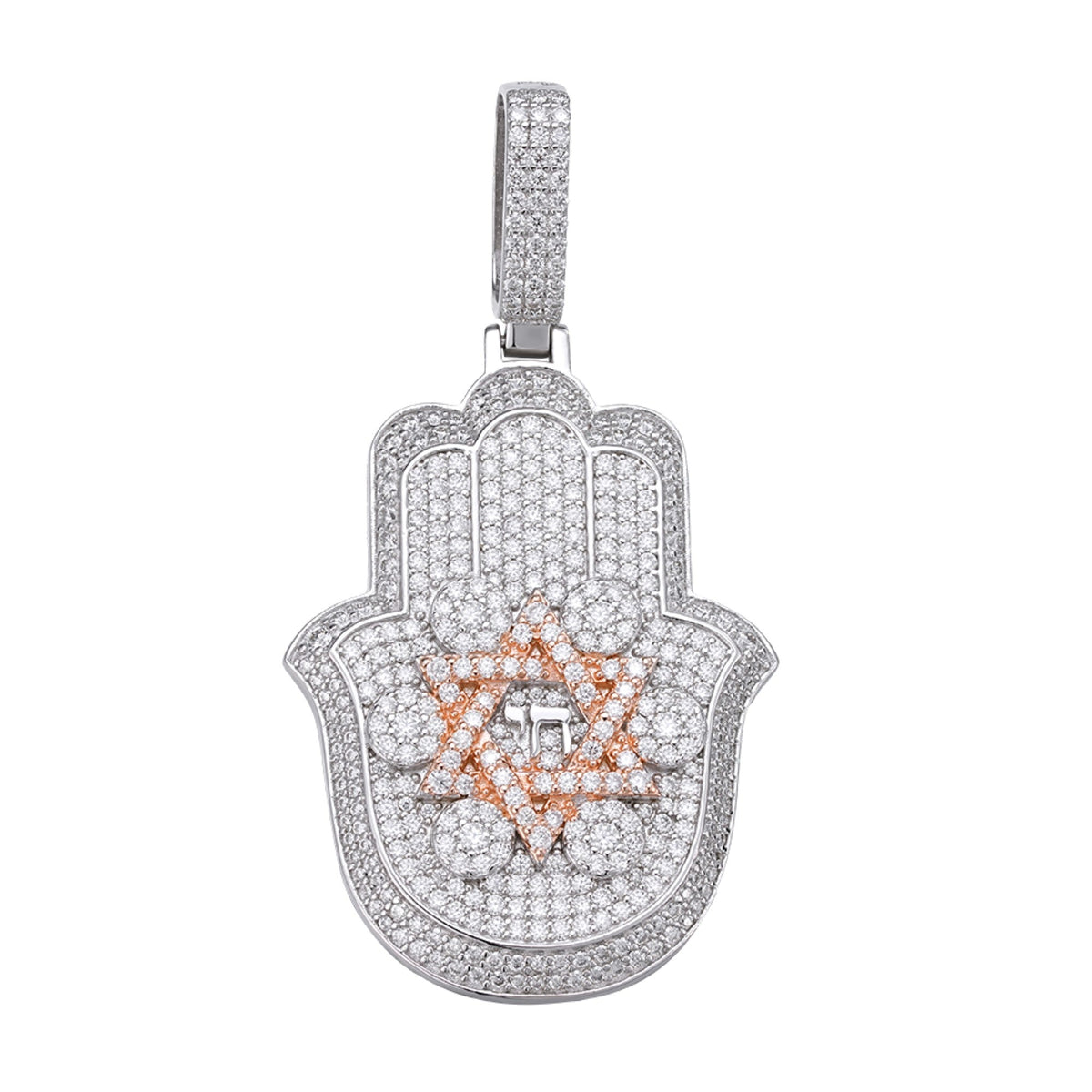 Sterling Silver Round Moissanite Hamza Hand Religious Pendant RP+PP 3-5/8 Cttw