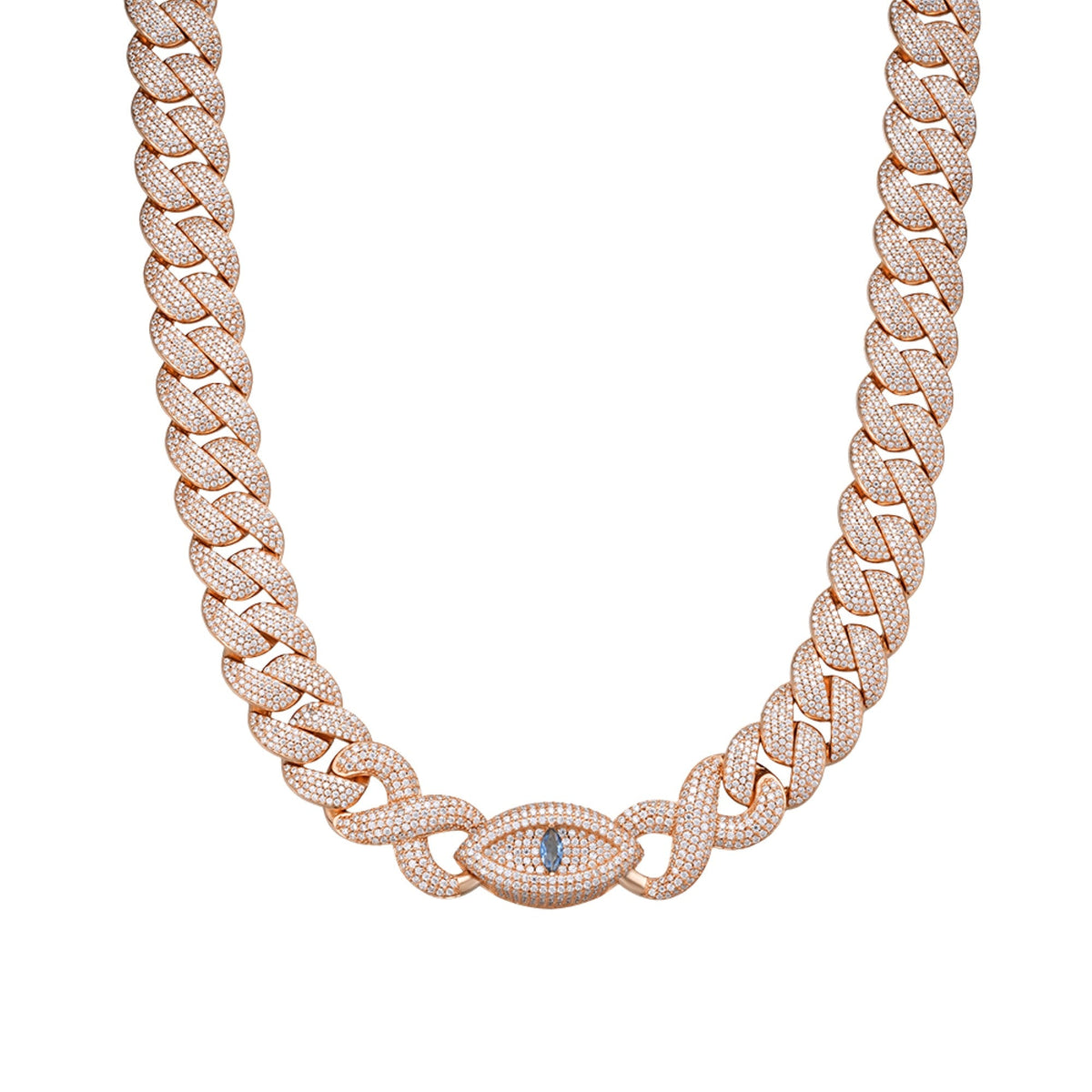 Sterling Silver Round Moissanite 15mm Inifinity Cuban With Evil Eye Designer 22 Inch Mens Necklace PP 27-1/8 Cttw