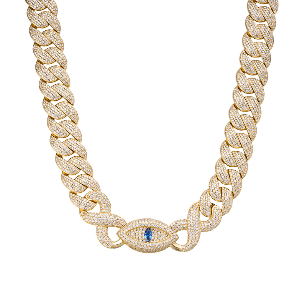 Sterling Silver Round Moissanite 18mm Inifinity Cuban With Evil Eye Designer 22 Inch Mens Necklace GP 35 Cttw
