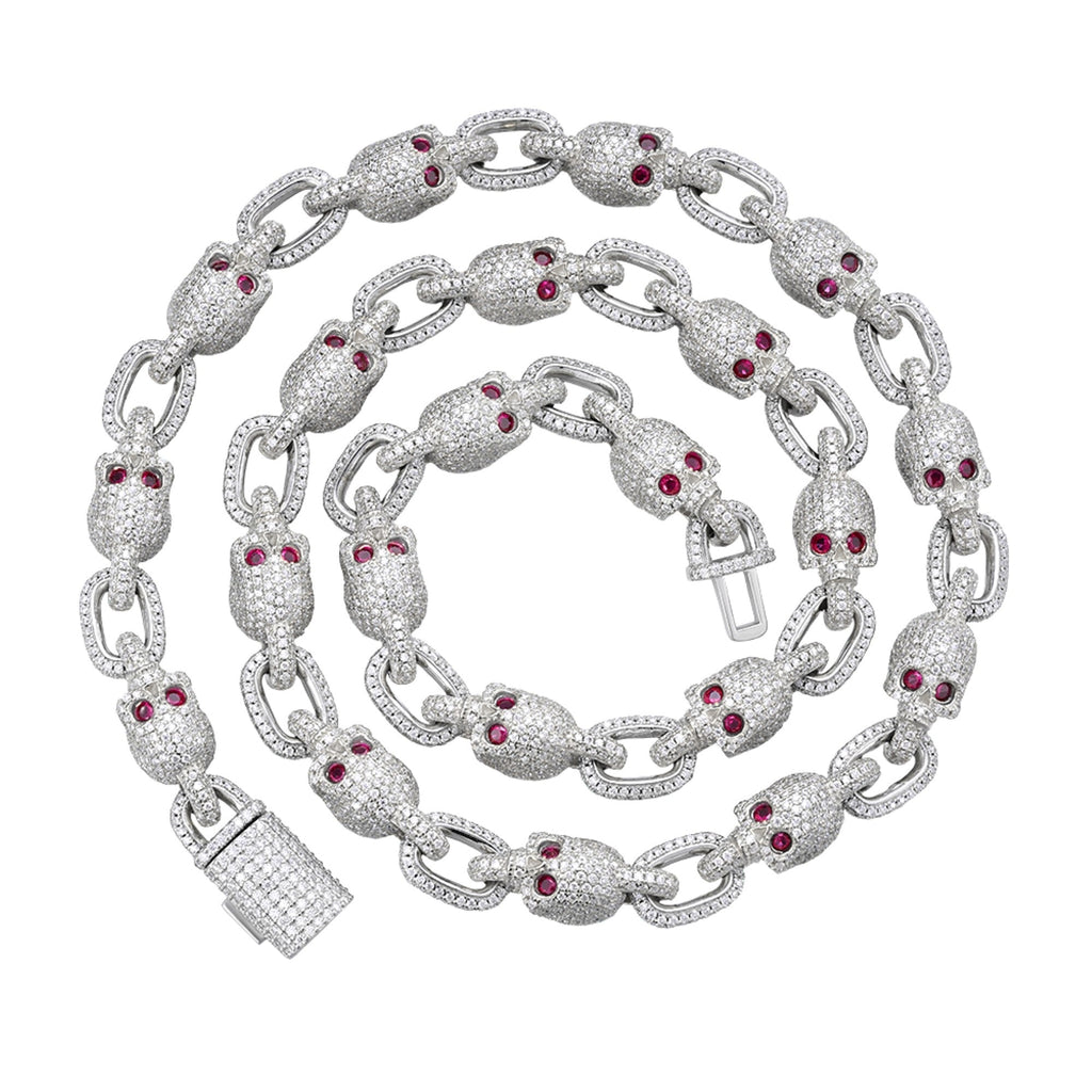 Sterling Silver Round Moissanite With Red Eyes Skull 22 Inch Necklace RP 30-3/4 Cttw