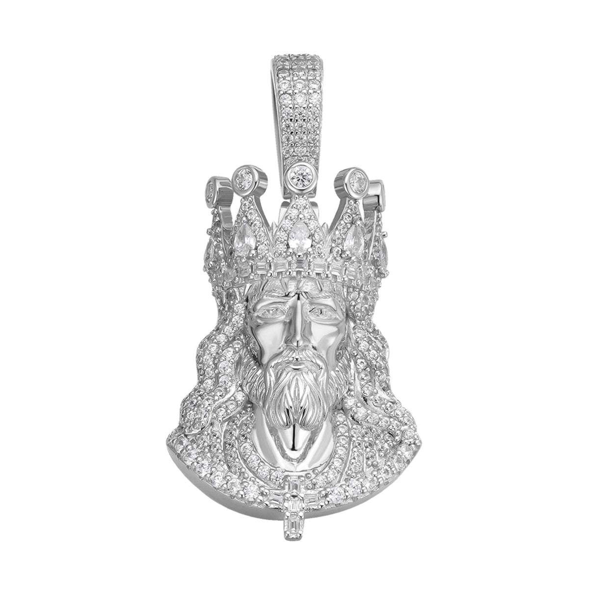 Sterling Silver 35mm Round Baguette Moissanite Jesus Face Religious Pendant RP 2-1/8 Cttw
