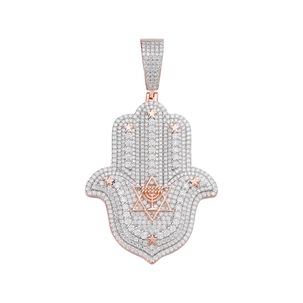 Sterling Silver Round Moissanite Hamza Hand Religious Pendant RP+PP 4-5/8 Cttw