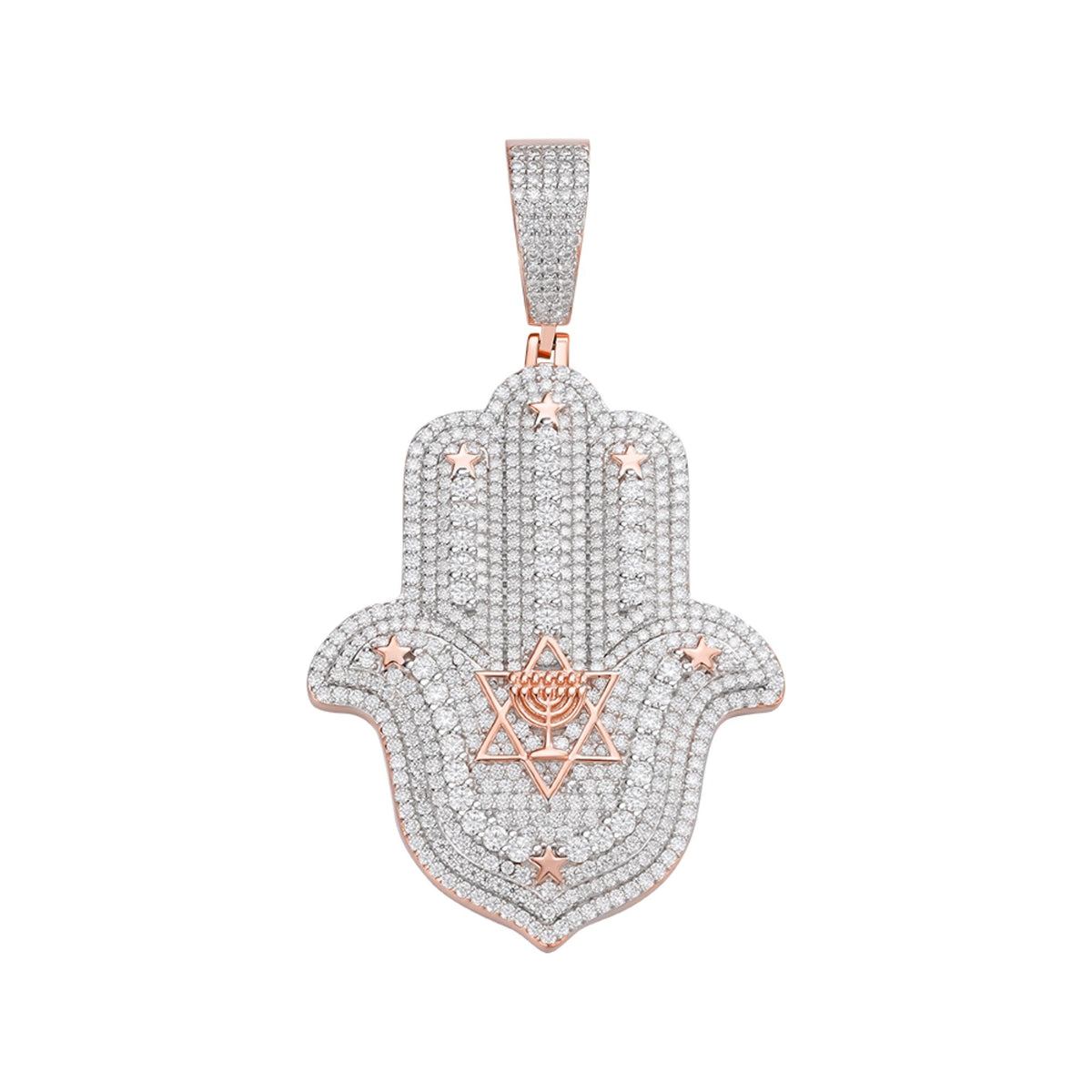 Sterling Silver Round Moissanite Hamza Hand Religious Pendant RP+PP 4-5/8 Cttw