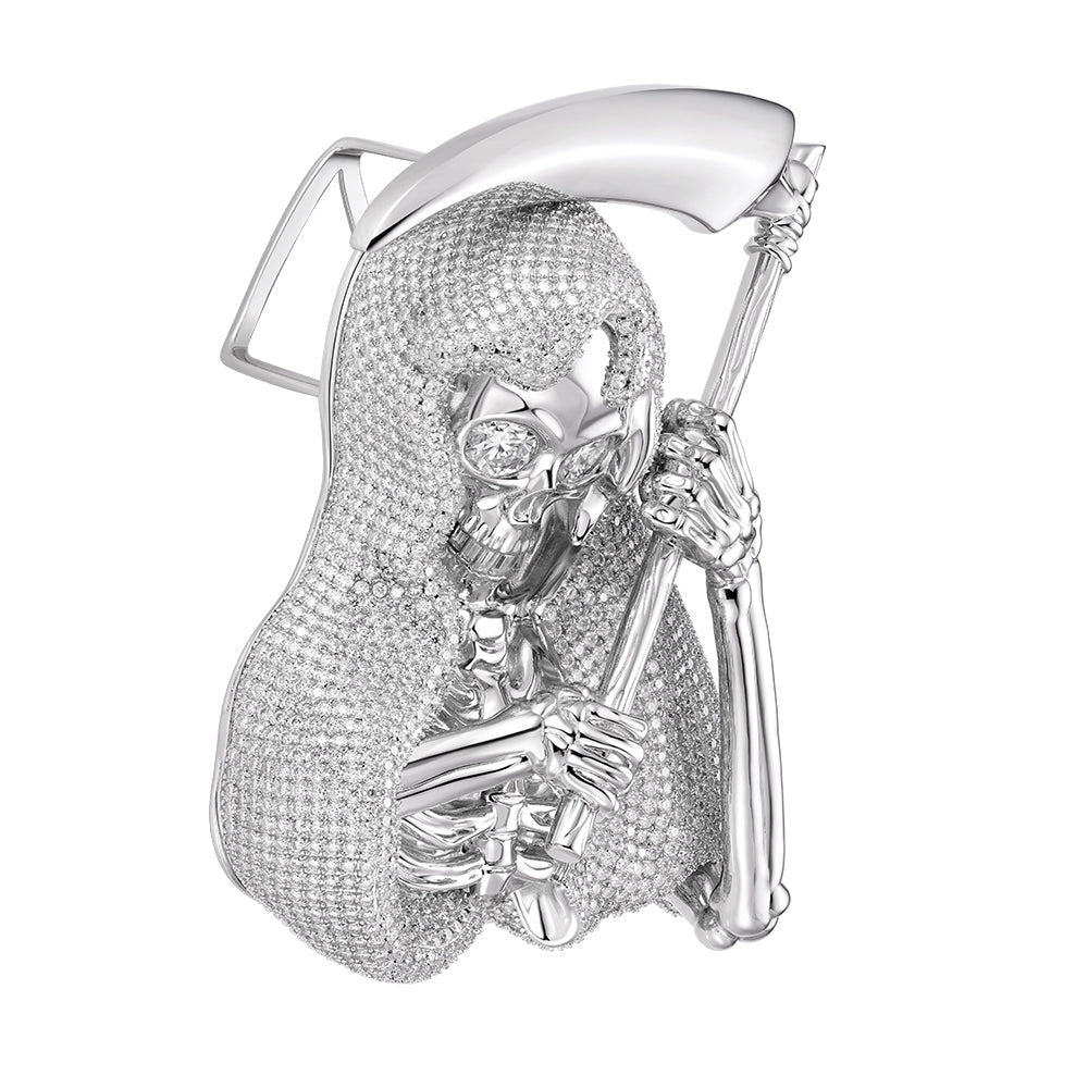 Sterling Silver Round Moissanite Grim Reaper Pendant RP 67 3/4 Cttw