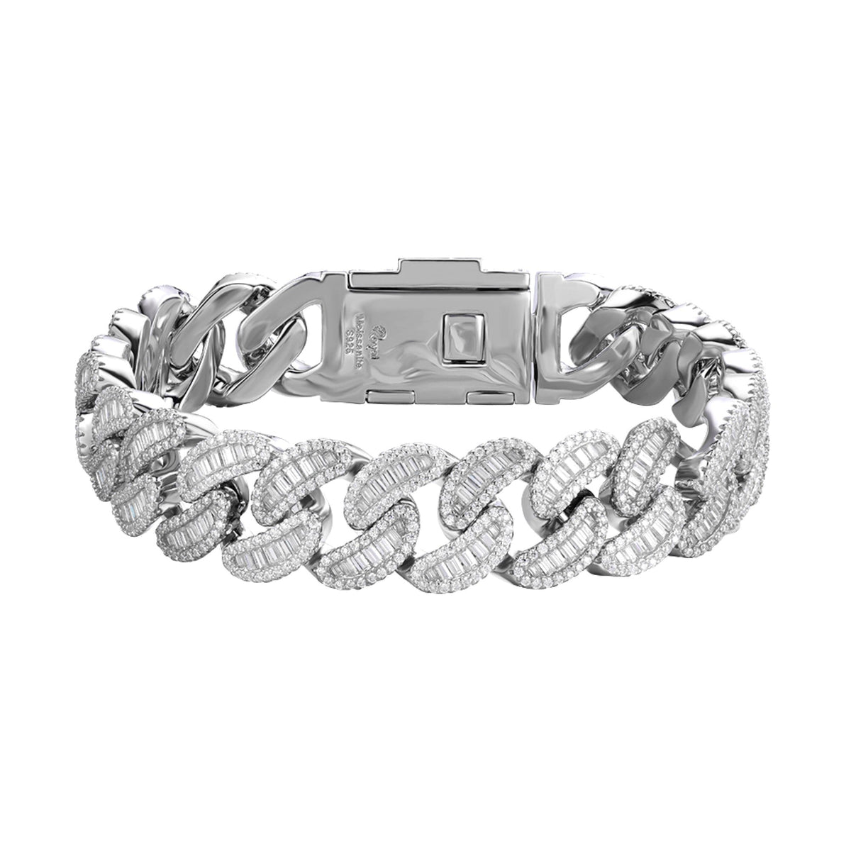 Sterling Silver Round 15mm Moissanite Round and Baguette in Centre Cuban 8.50 Inch Bracelet RP 15-7/8 Cttw