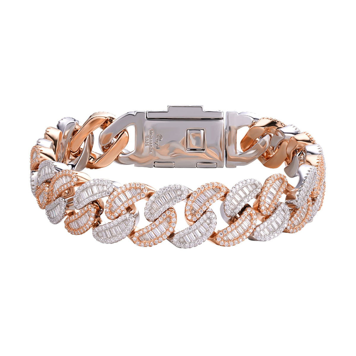 Sterling Silver Round 15mm Moissanite Round and Baguette in Centre Cuban 8.50 Inch Bracelet RP+PP 15-7/8 Cttw
