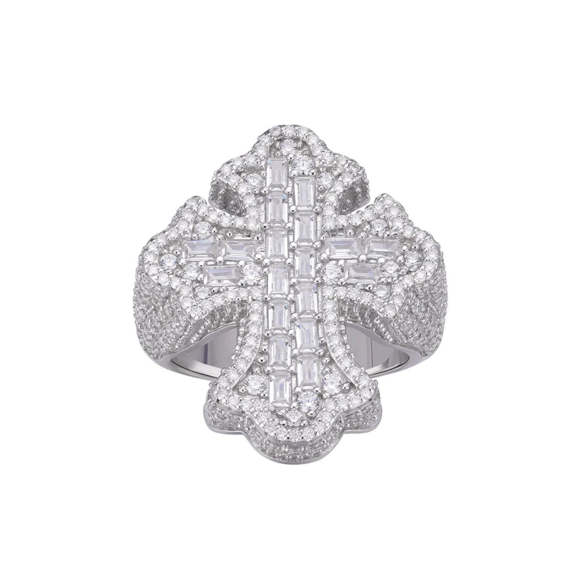 Sterling Silver Round Moissanite With White CZ Mens Cross Religious SZ 10 Ring RP 2-5/8 Cttw