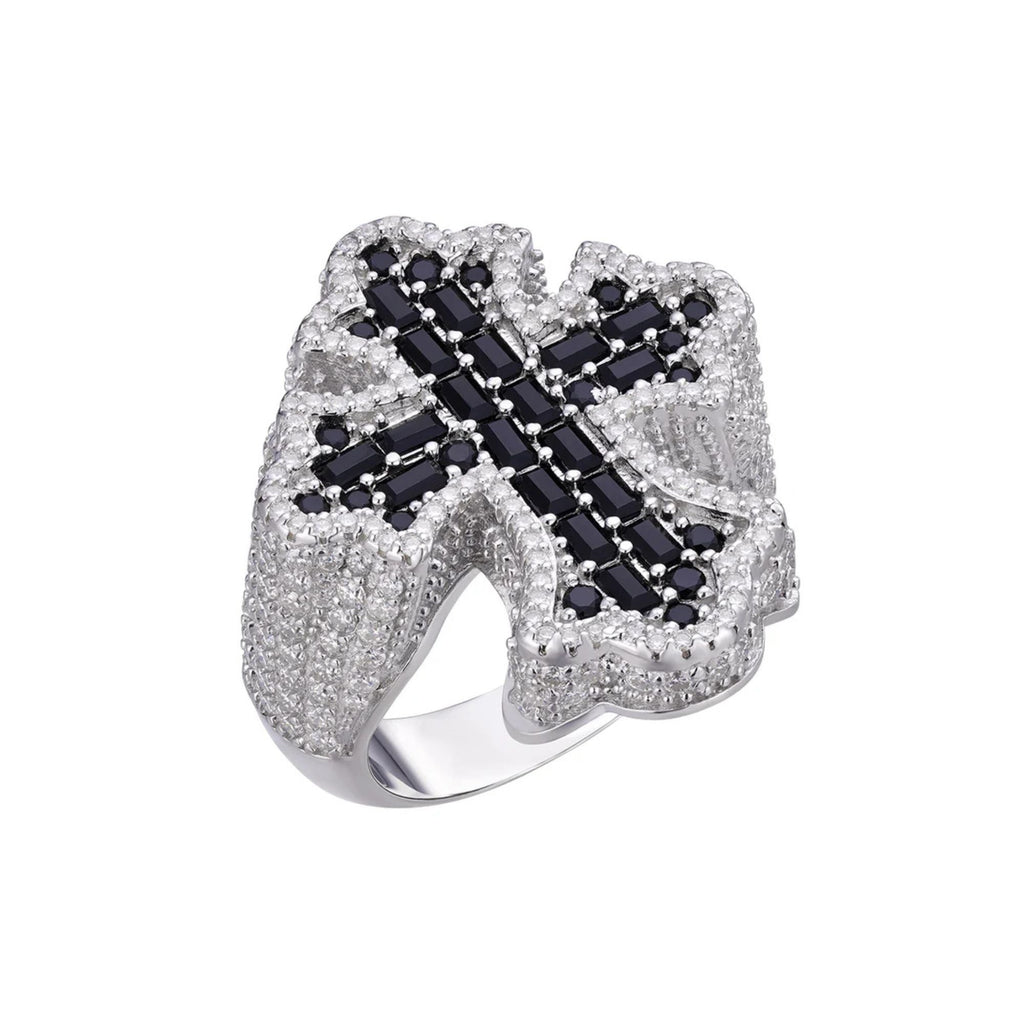 Sterling Silver Round Moissanite With Black CZ Mens Cross Religious SZ 10 Ring RP 2-5/8 Cttw