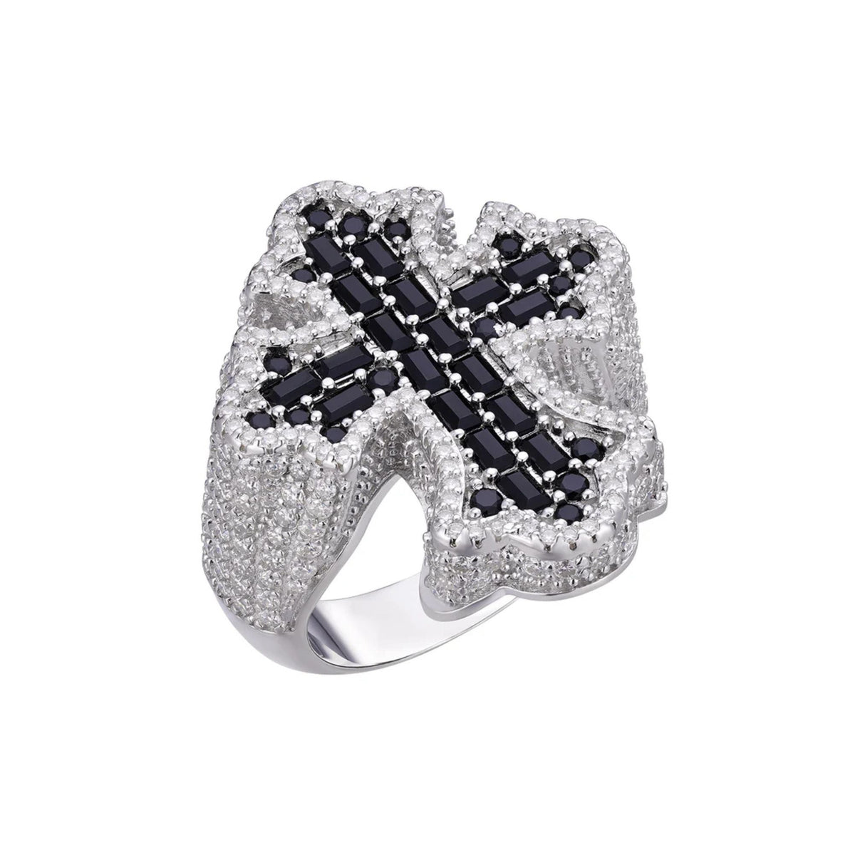 Sterling Silver Round Moissanite With Black CZ Mens Cross Religious SZ 10 Ring RP 2-5/8 Cttw