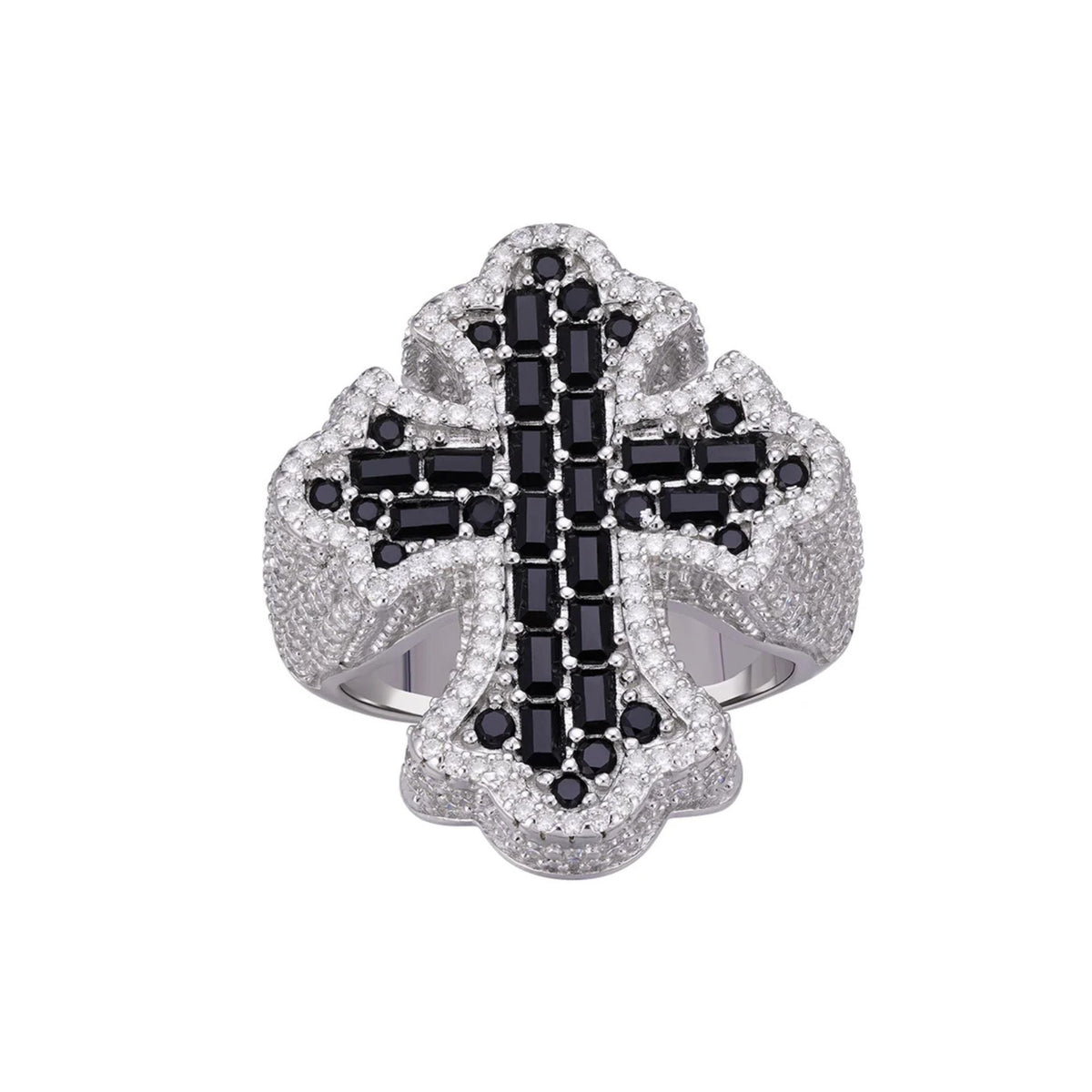 Sterling Silver Round Moissanite With Black CZ Mens Cross Religious SZ 10 Ring RP 2-5/8 Cttw