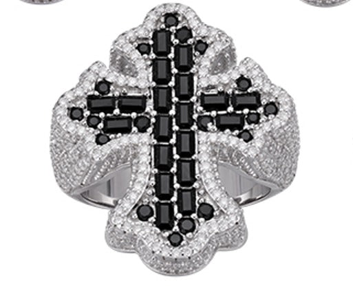 Sterling Silver Round Moissanite With Black CZ Mens Cross Religious SZ 10 Ring RP 2-5/8 Cttw