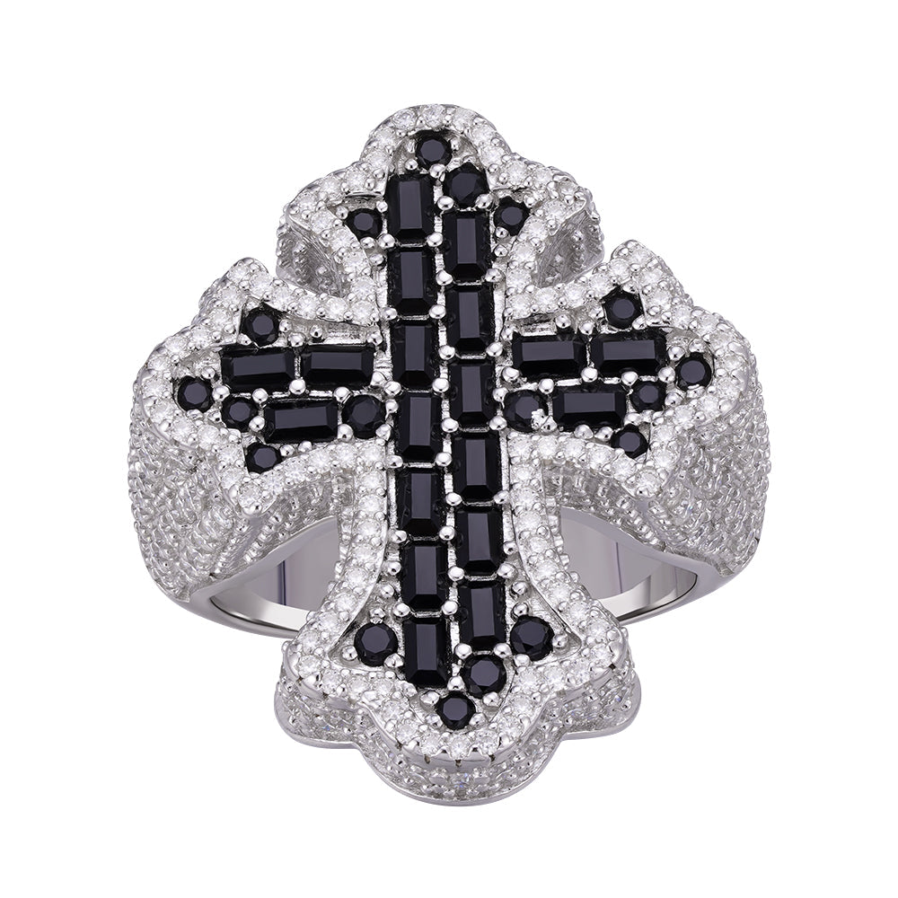 Sterling Silver Round Moissanite With Black CZ Mens Cross Religious SZ 10 Ring RP 2-5/8 Cttw