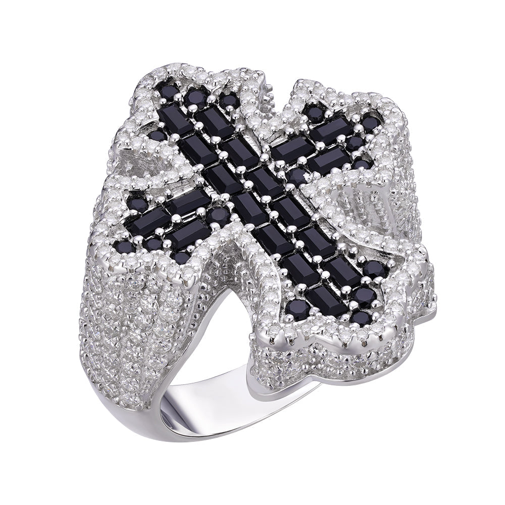 Sterling Silver Round Moissanite With Black CZ Mens Cross Religious SZ 10 Ring RP 2-5/8 Cttw