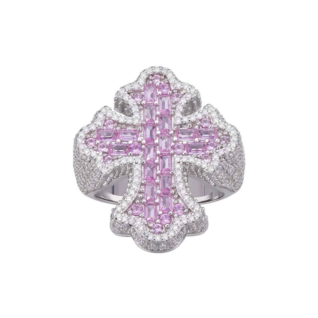 Sterling Silver Round Moissanite With Rose CZ Mens Cross Religious SZ 10 Ring RP 2-5/8 Cttw