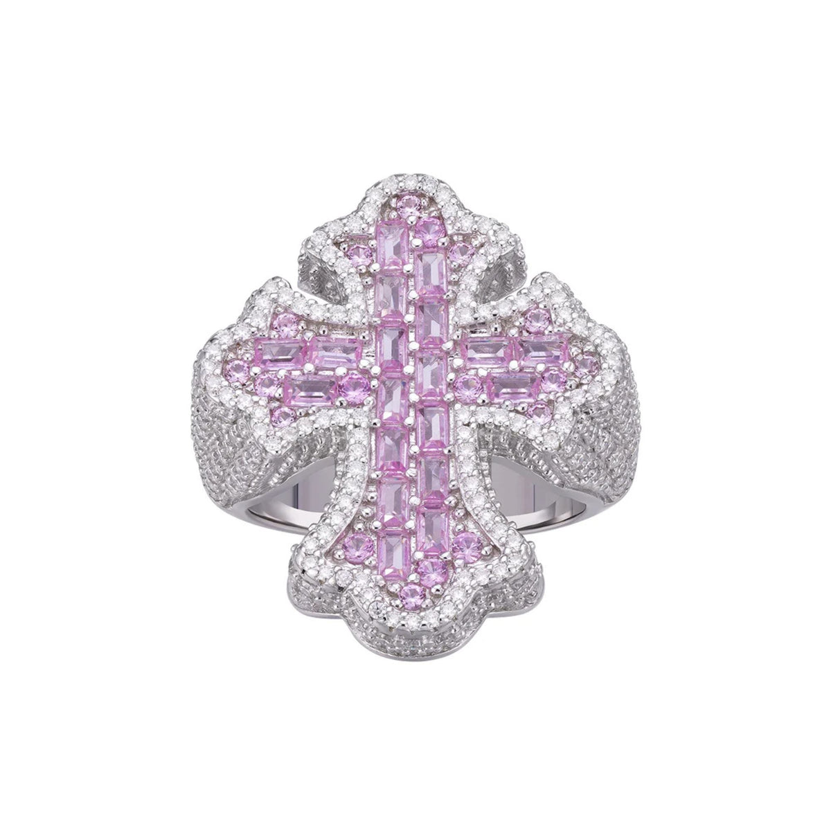 Sterling Silver Round Moissanite With Rose CZ Mens Cross Religious SZ 10 Ring RP 2-5/8 Cttw