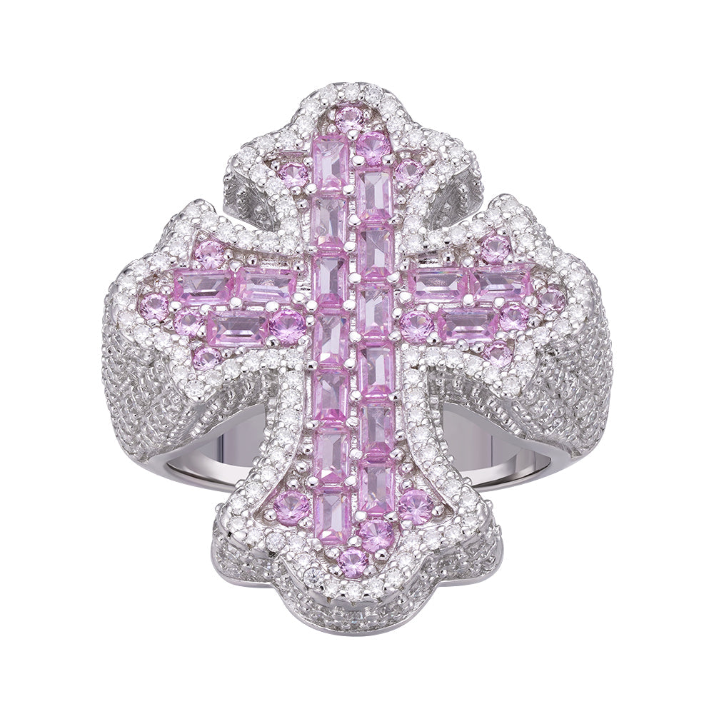 Sterling Silver Round Moissanite With Rose CZ Mens Cross Religious SZ 10 Ring RP 2-5/8 Cttw