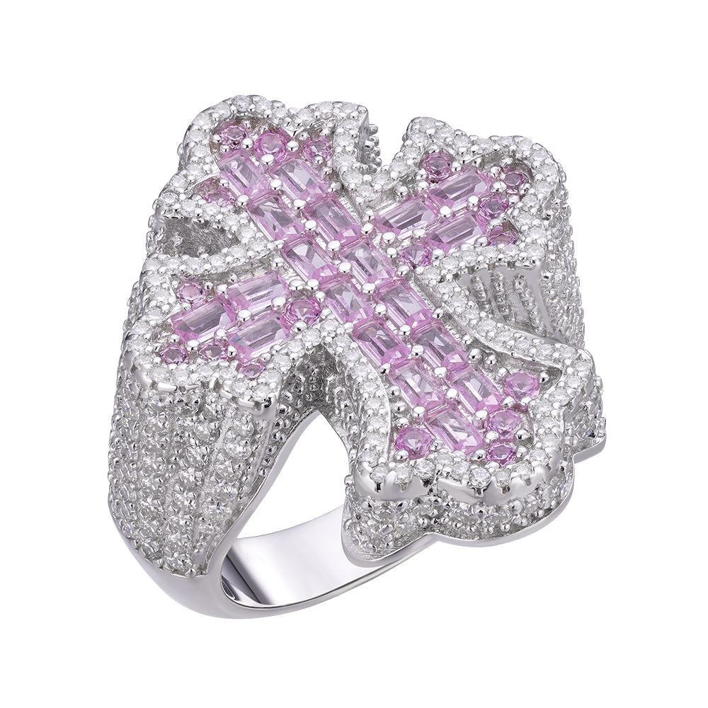 Sterling Silver Round Moissanite With Rose CZ Mens Cross Religious SZ 10 Ring RP 2-5/8 Cttw
