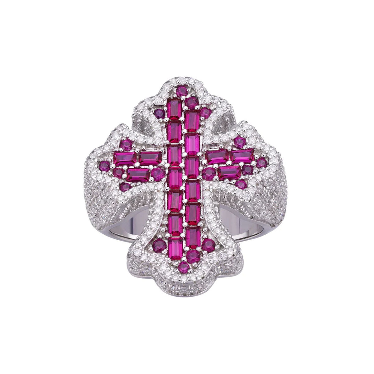 Sterling Silver Round Moissanite With Red CZ Mens Cross Religious SZ 10 Ring RP 2-5/8 Cttw