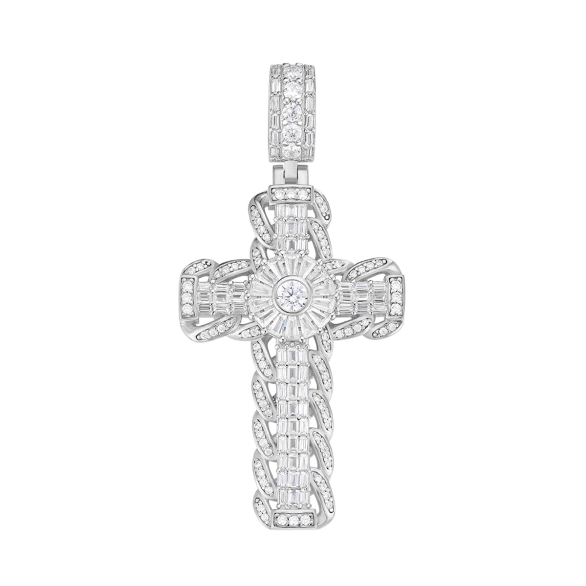 Sterling Silver Round Moissanite Cross Religious Pendant RP 4-1/5 Cttw