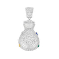 Sterling Silver Round Moissanite with Fancy Multicolor CZ Dollar Sign Money Bag Designer Pendant RP 7 Cttw