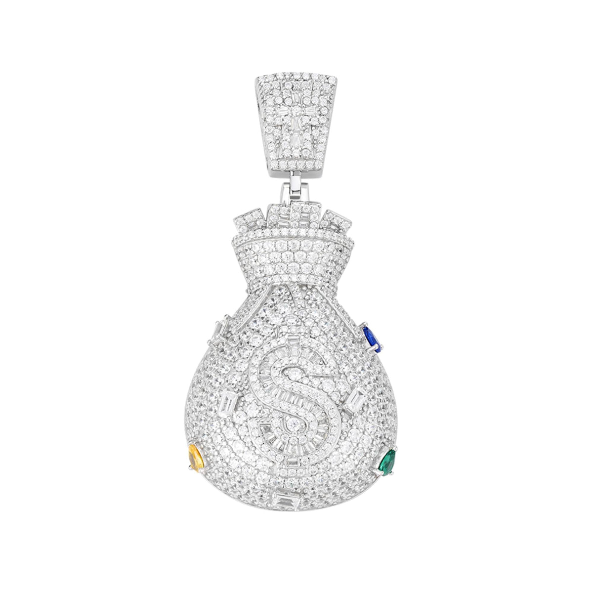 Sterling Silver Round Moissanite with Fancy Multicolor CZ Dollar Sign Money Bag Designer Pendant RP 7 Cttw