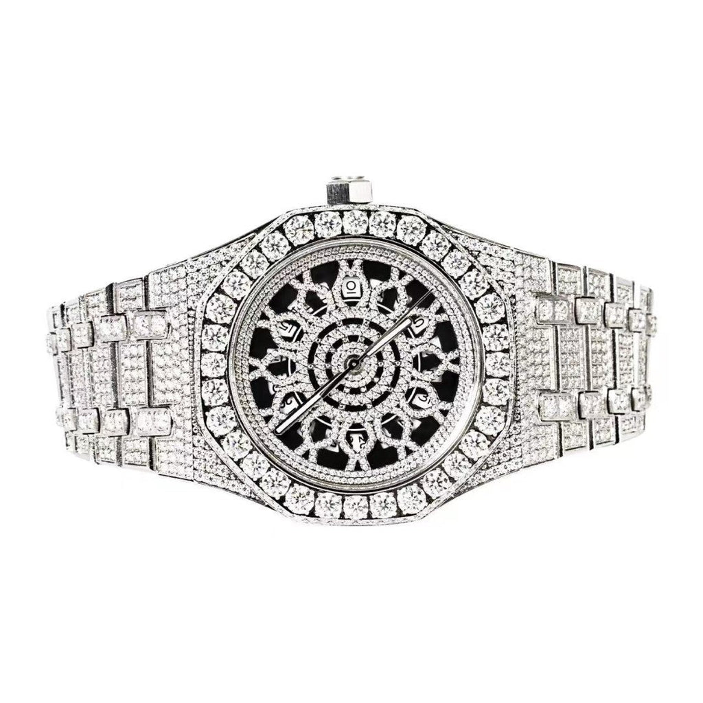 Moissanite Stainless Steel Skeleton Dial White Band Mens Watch