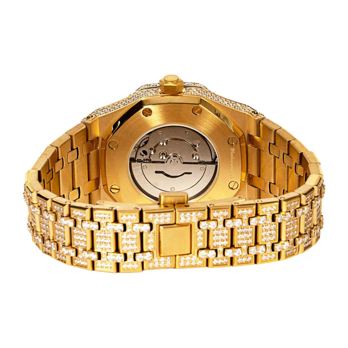 Moissanite Stainless Steel Skeleton Dial Yellow Band  Mens Watch