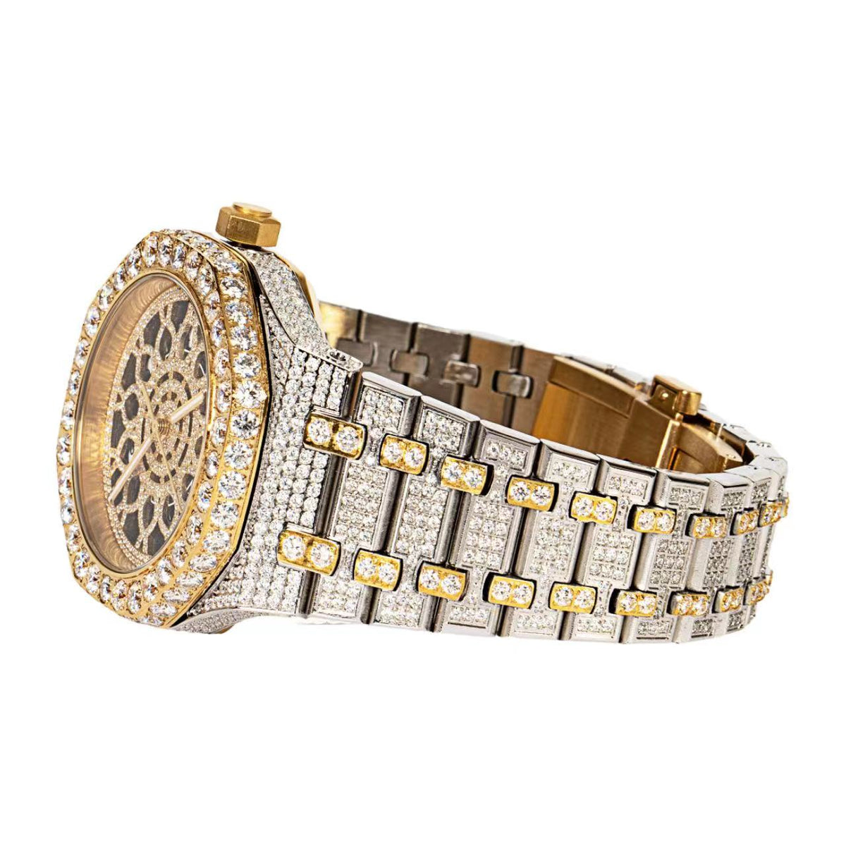 Moissanite Stainless Steel Two Tone Yellow Band Mens Watch