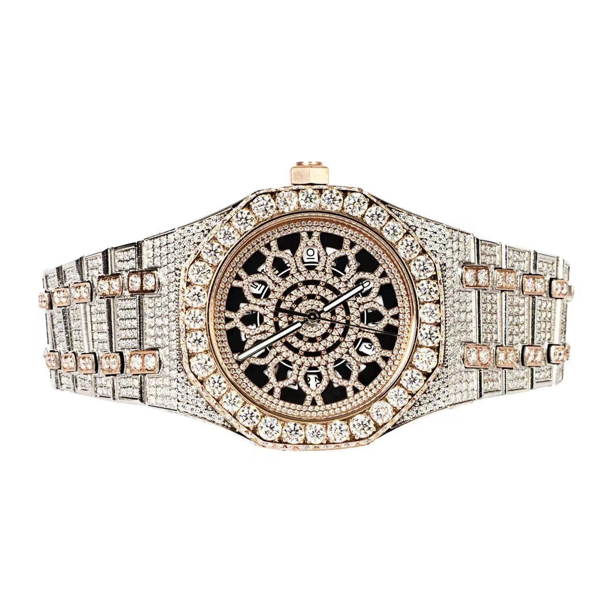 Moissanite Stainless Steel Two Tone Rose Band Mens Watch