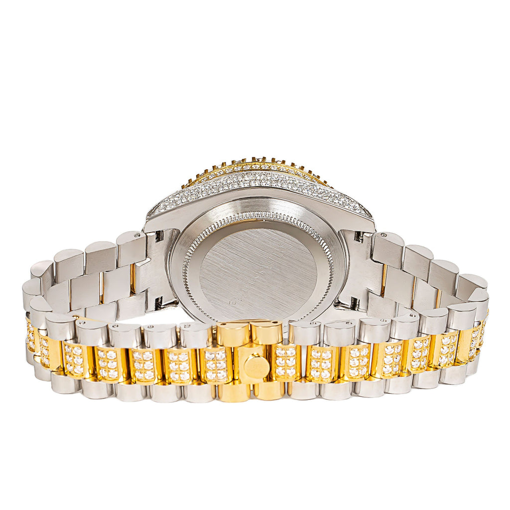 Moissanite Stainless Steel Mens Yellow White Two Tone Steel Band Watch