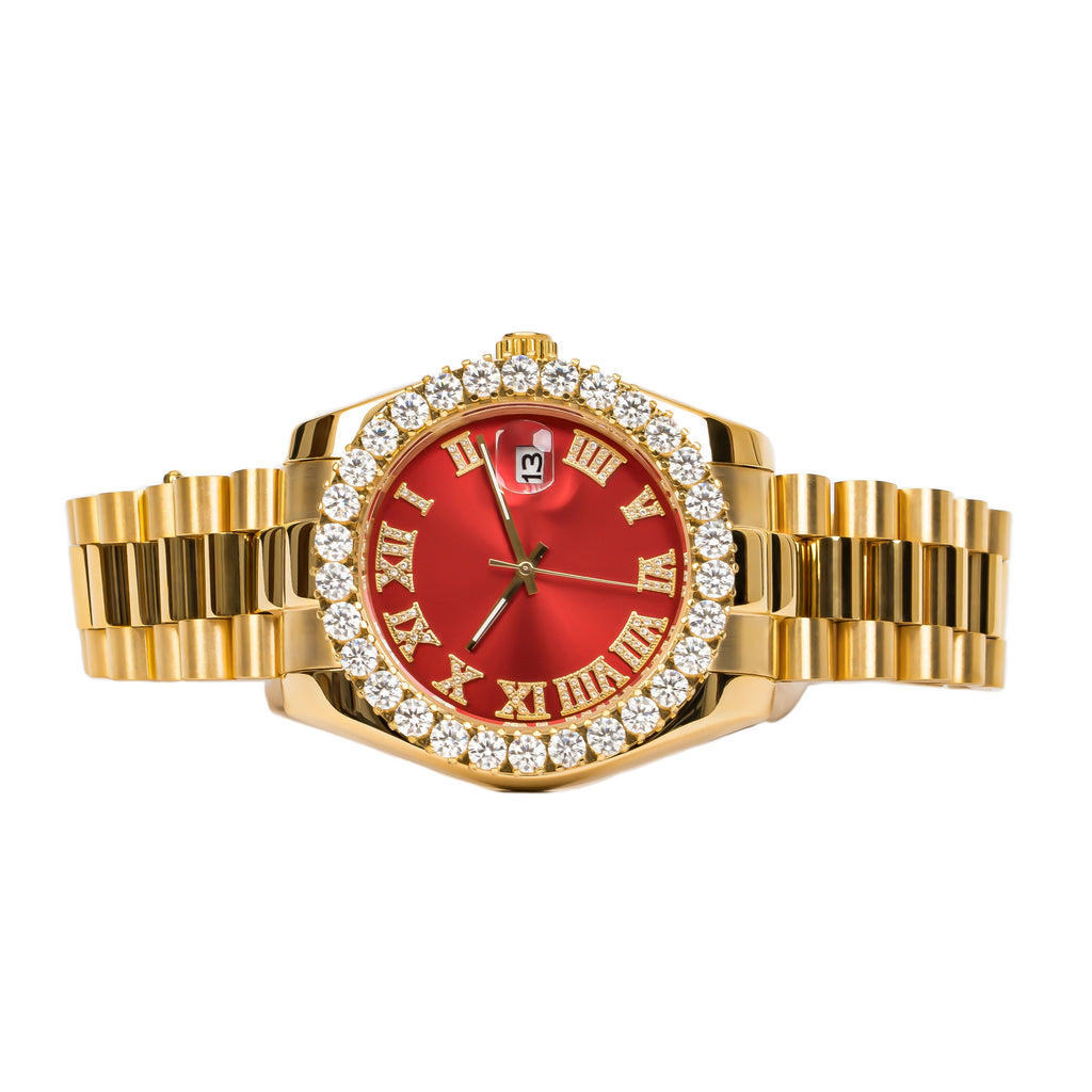 Moissanite Stainless Steel Red Dial Mens Yellow Steel Band Watch
