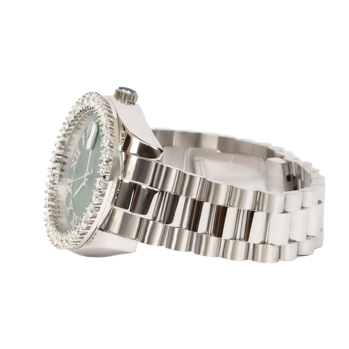 Moissanite Stainless Steel Green Dial Mens White Steel Band Watch