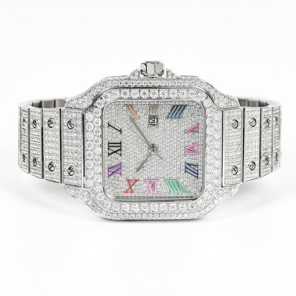 Moissanite Stainless Steel White Band with Rainbow dial Mens Watch 20-1/5 Cttw