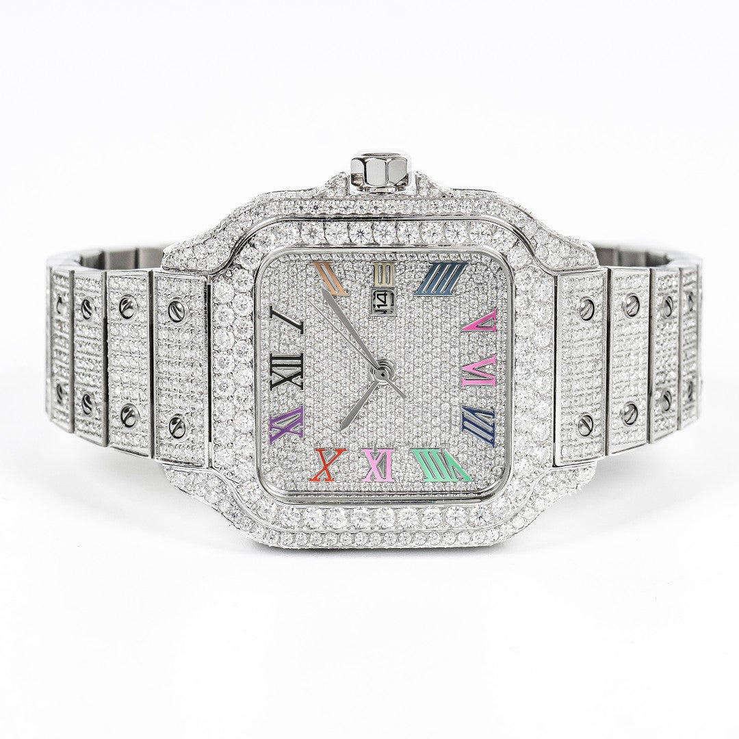 Moissanite Stainless Steel White Band with Rainbow dial Mens Watch 20-1/5 Cttw