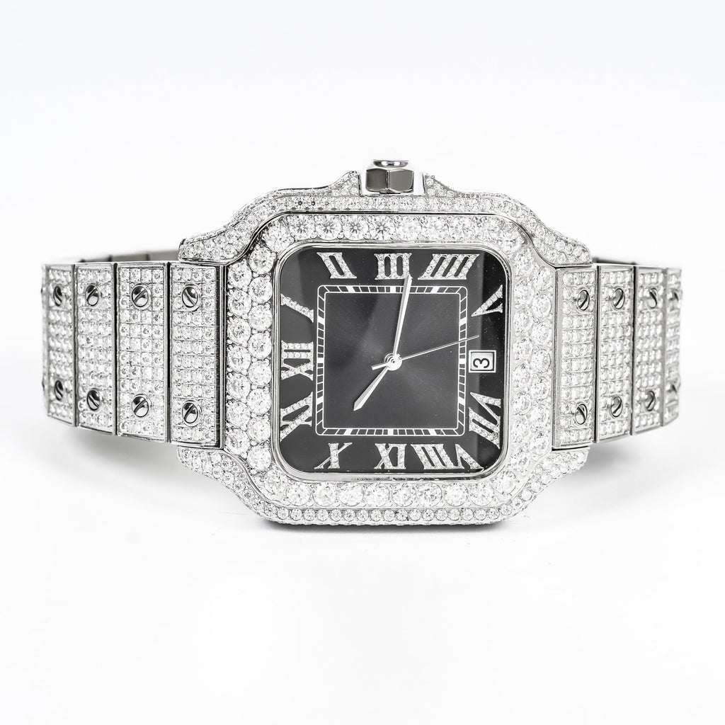 Moissanite Stainless Steel White Band with Dark Grey Dial Mens Watch 20-1/5 Cttw