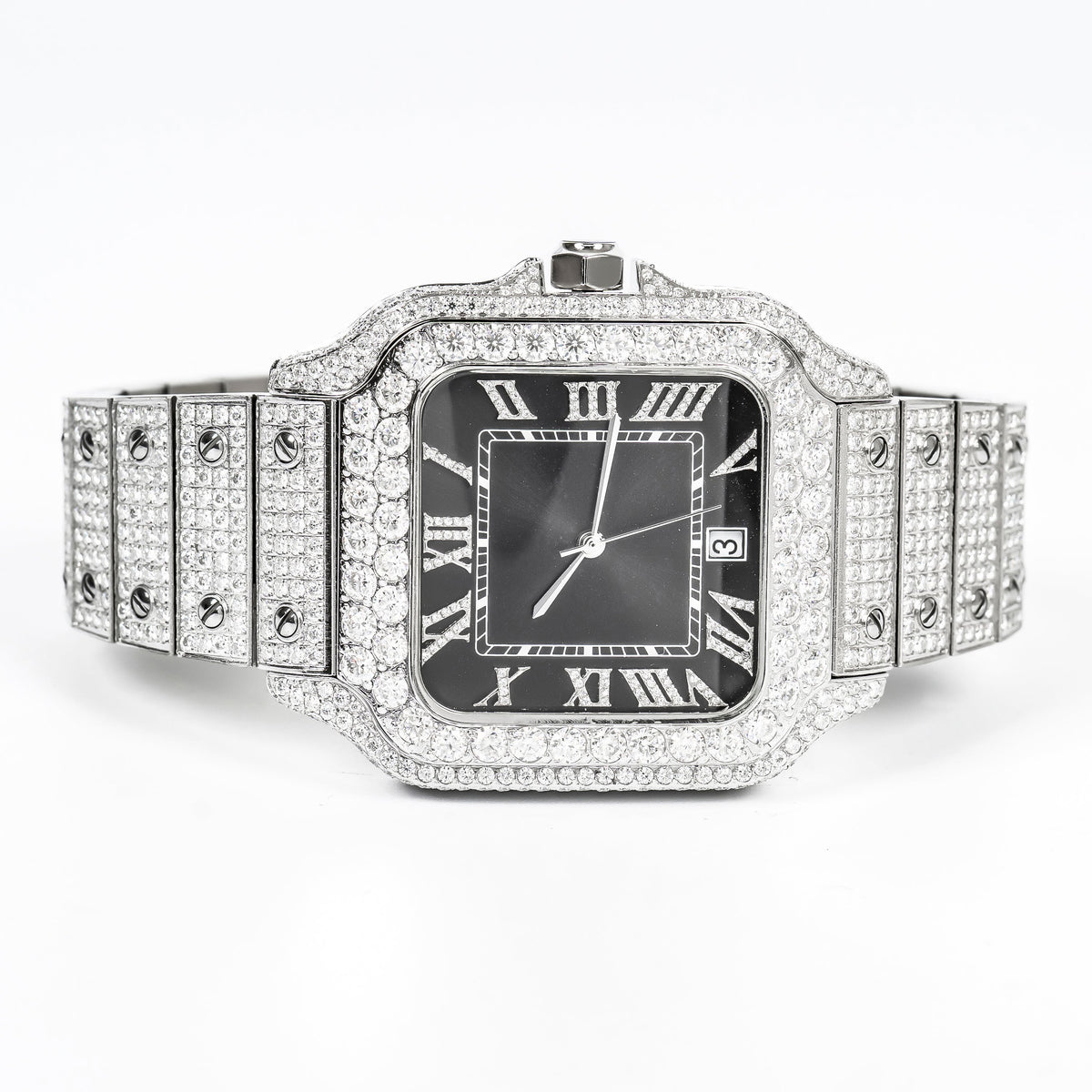 Moissanite Stainless Steel White Band with Dark Grey Dial Mens Watch 20-1/5 Cttw