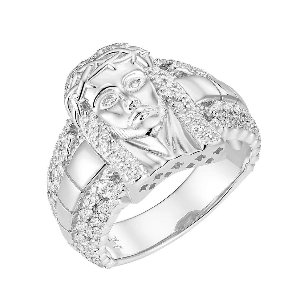 S Silver Round Moissanite Jesus Religious SZ 10 Mens Ring RP 1 Cttw