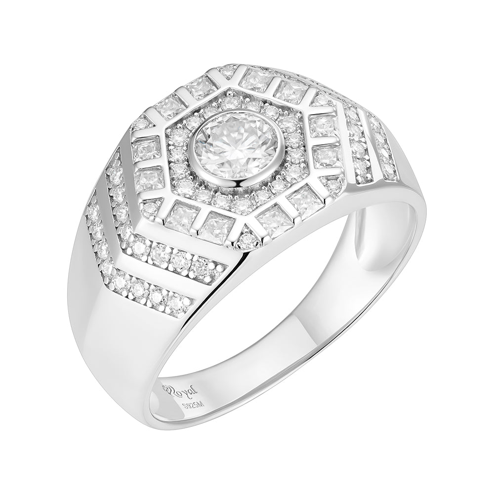 Sterling Silver Round Moissanite Designer SZ 10 Mens Ring RP 1-3/8 Cttw