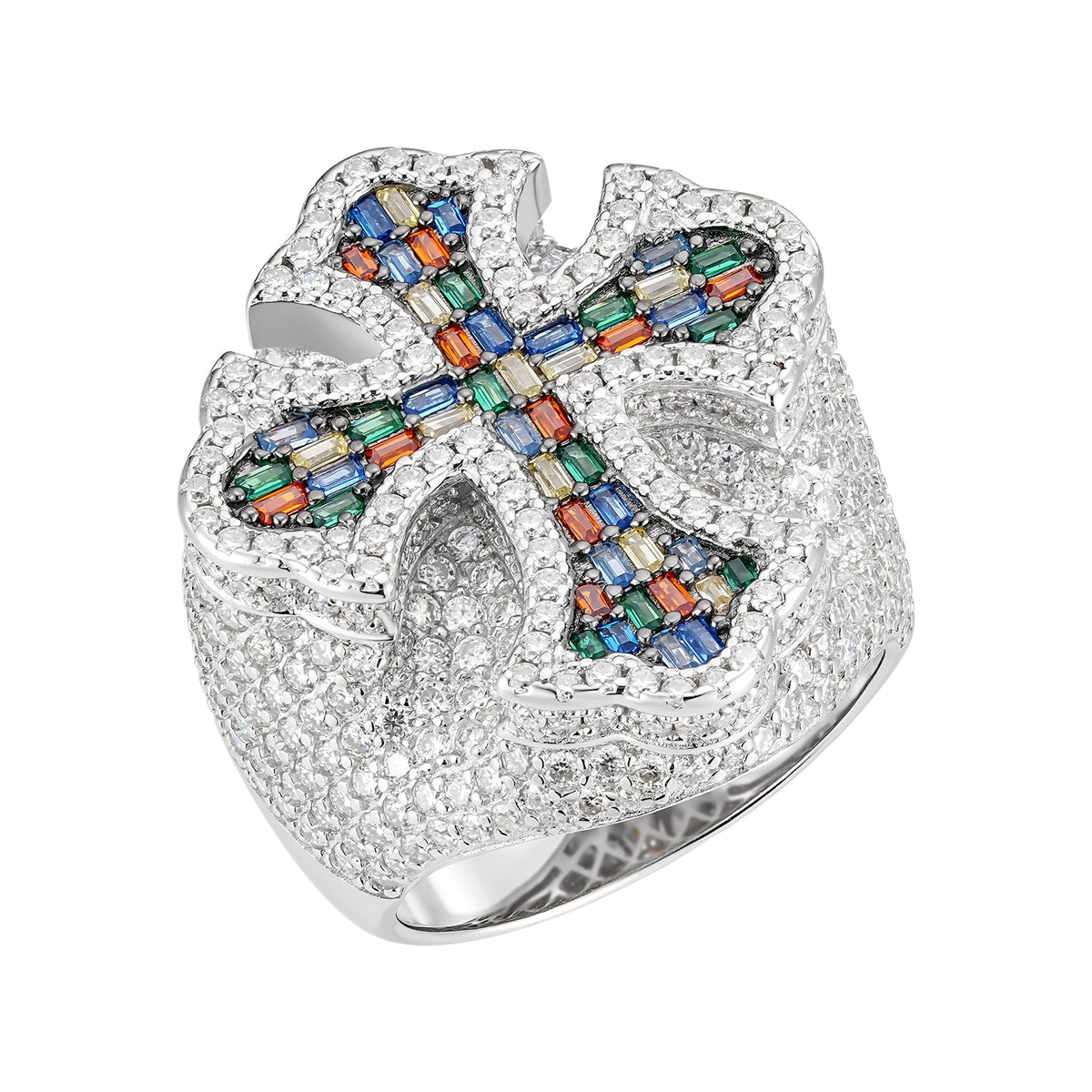 Sterling Silver Round Moissanite with Color CZ SZ 10 Cross Religious Mens Ring RP+BP 4-7/8 Cttw