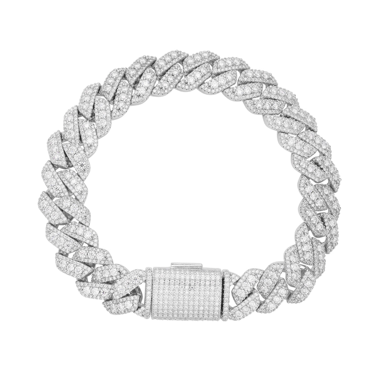 Sterling Silver Round Big Stone in Center Surrounded with Small Stones 12mm Moissanite Cuban Chain 8Inch Bracelet RP 10-7/8 Cttw