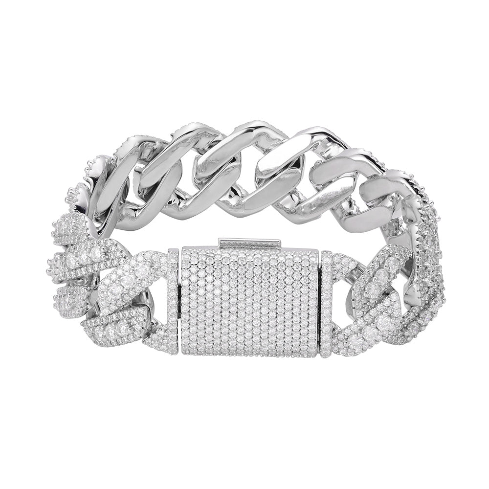 Sterling Silver Round Big Stone in Center Surrounded with Small Stones 20mm Moissanite Cuban Chain 8 Inch Bracelet RP 19-7/8 Cttw