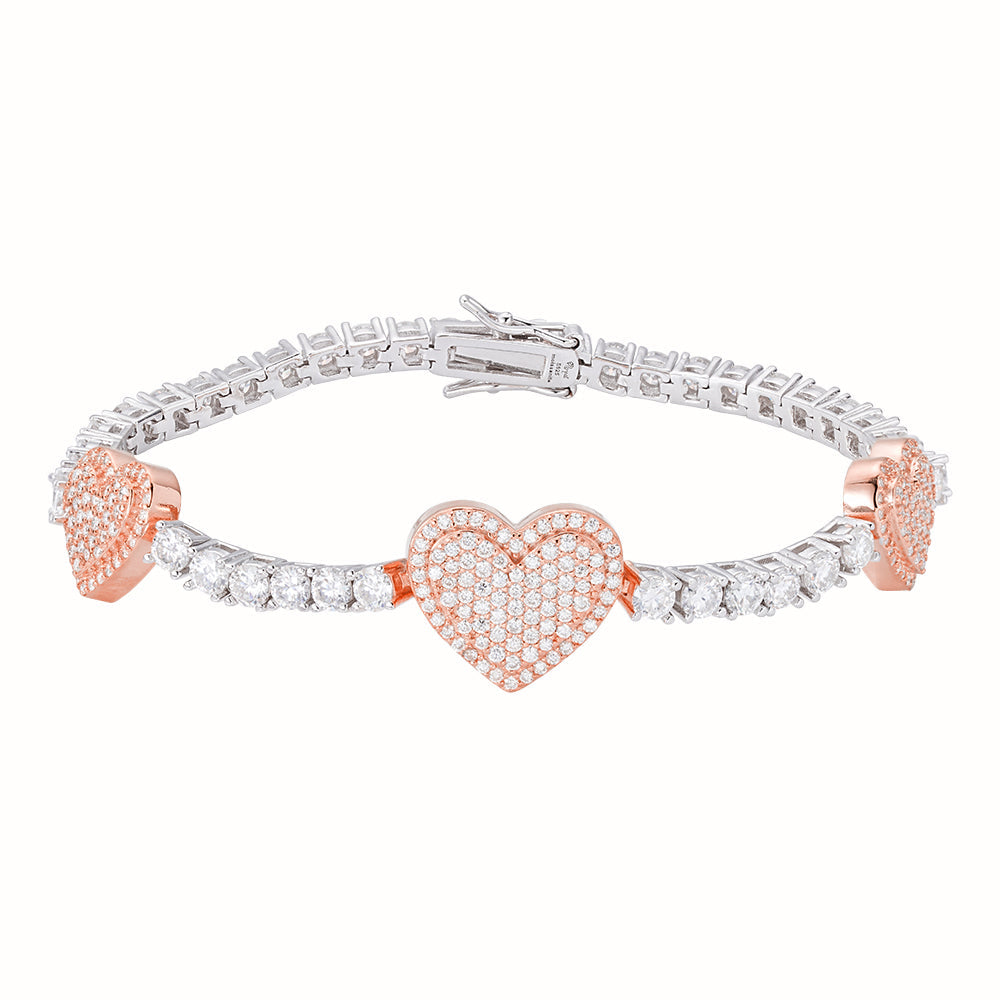 Sterling Silver Round Moissanite 15mm Heart Designer With 3mm Tennis Chain 7 Inch Bracelet RP+PP 1-1/8 Cttw