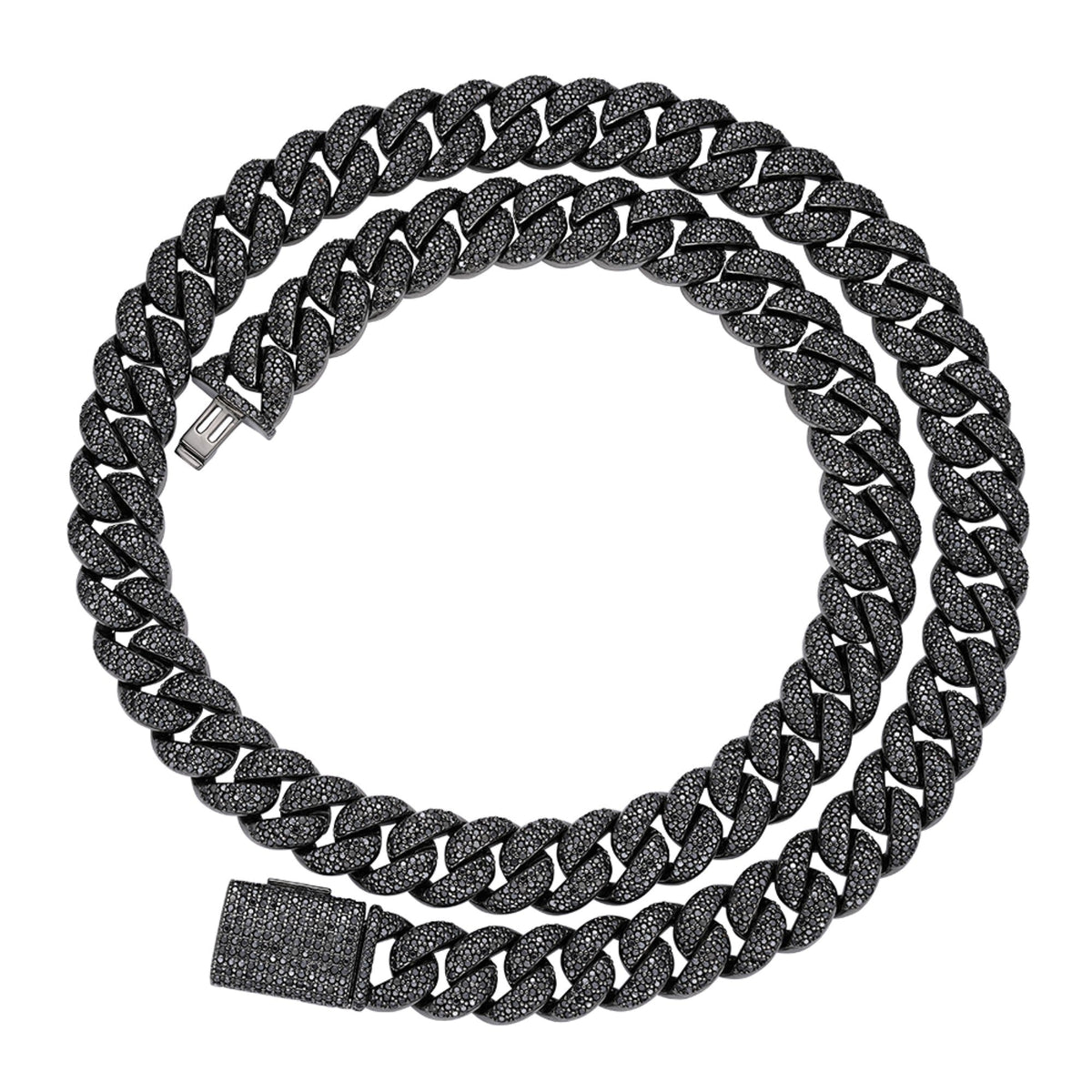 Sterling Silver 12mm Round Black Moissanite Miami Cuban Chain 22 Inch Mens Necklace BP+BP 19-5/8 Cttw