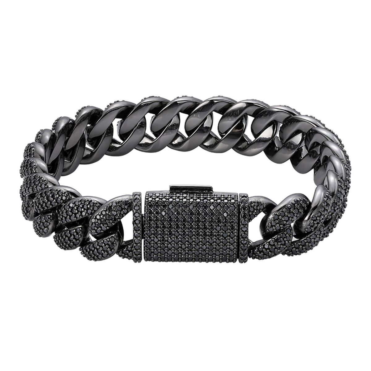 Sterling Silver 15mm Round Black Moissanite Miami Cuban 8.5 Inch Mens Bracelet BP+BP 12-1/10 Cttw