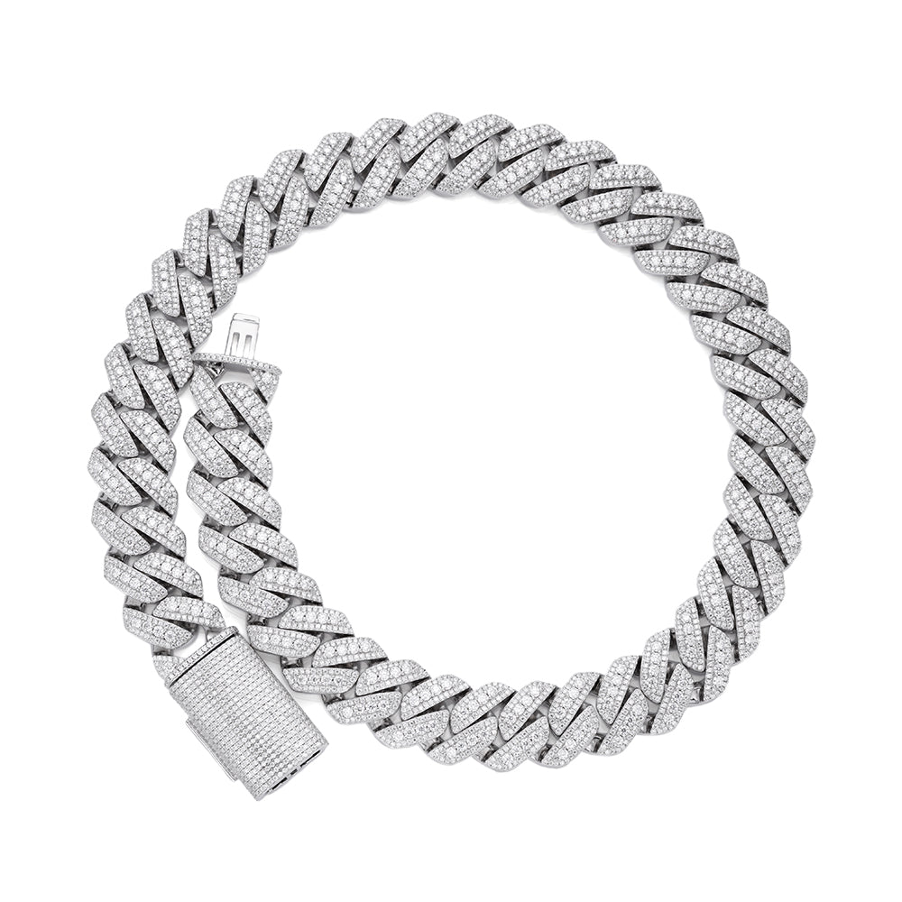 Sterling Silver Moissanite 20mm Three Stone Heavy Cuban Chain 22 Inch Necklace RP 46-1/10 Cttw