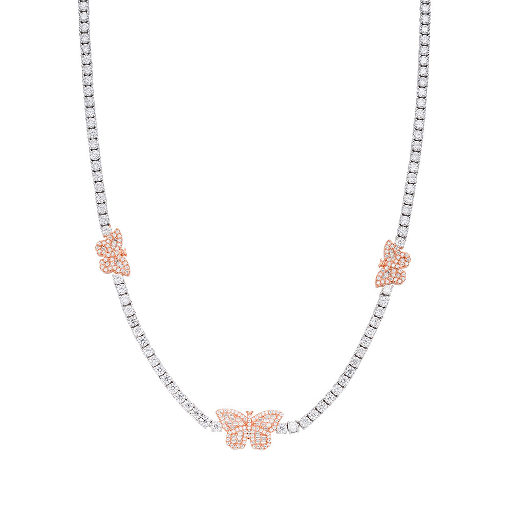 Sterling Silver Round Baguette Moissanite Butterfly Designer 18 Inch Necklace RP+PP 1-5/8 Cttw
